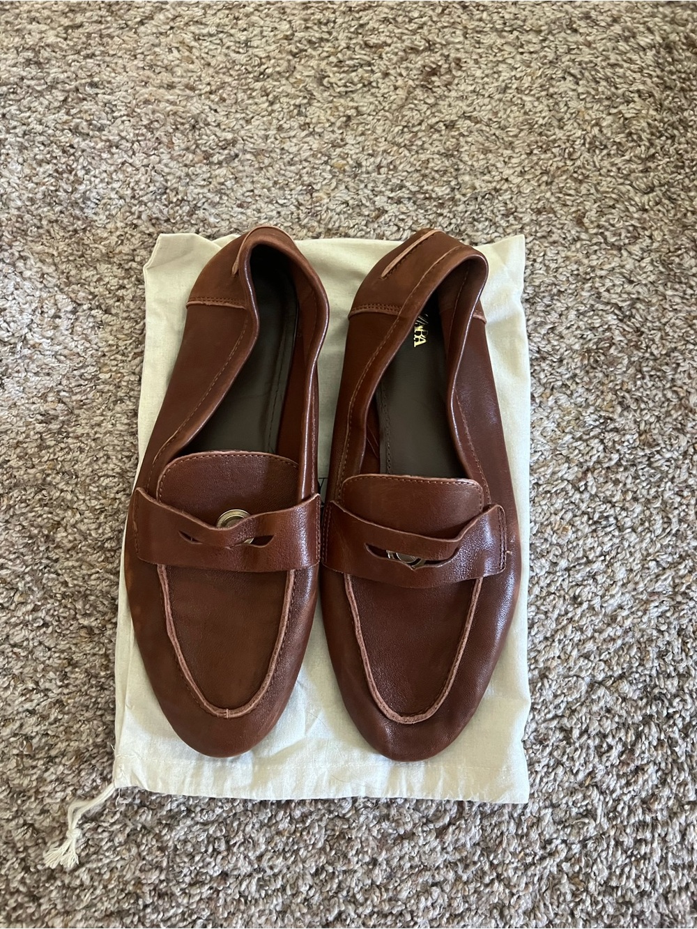 Zara Brown Leather Penny Loafers for Women
